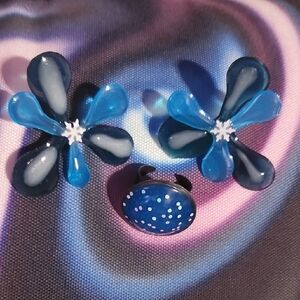 ❄️Snowflake Blue Floral Abstract Earrings and Ring Set.